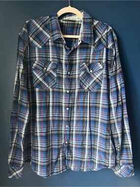Mambo Australia XL Pearl Snap Plaid Western Shirt Cotton Long Sleeve Blue Cowboy